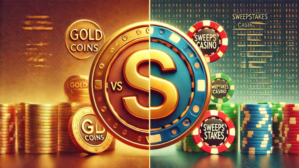 Split screen with gold coins on the left and sweepstakes coin on the right hand side.