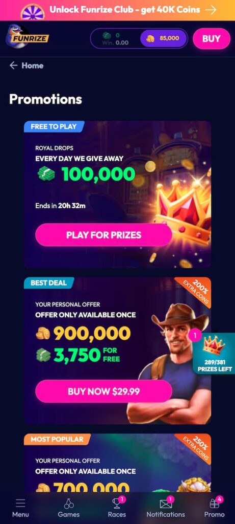 Funrize Social Casino - Promotions