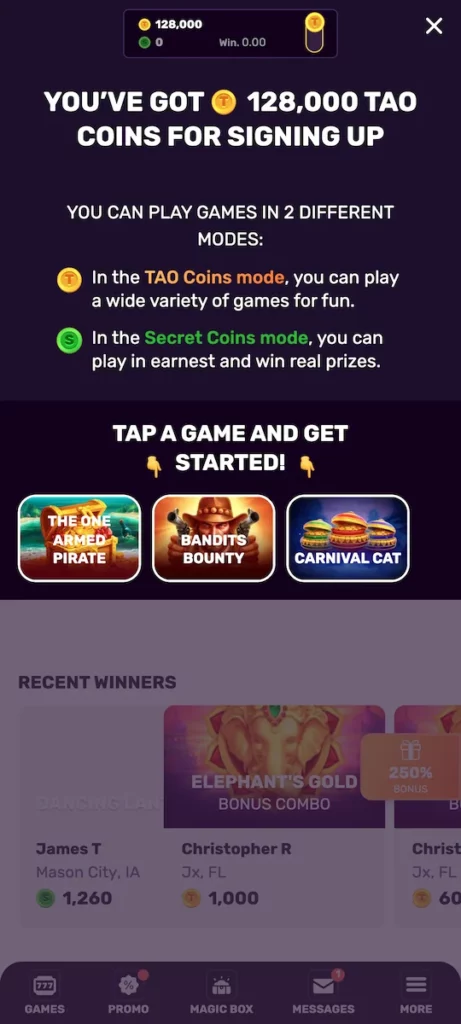TaoFortune Social Casino - Sign up Bonus