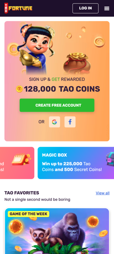TaoFortune Social Casino - Home page view