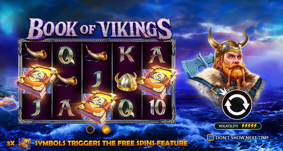 Book of Vikings online slot, with game reels showing three golden books.