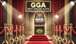 Slot machine on a winner's podium in front of the words 'GGA Best Online Slots'