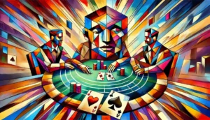 Blackjack table and players in Cubist style.