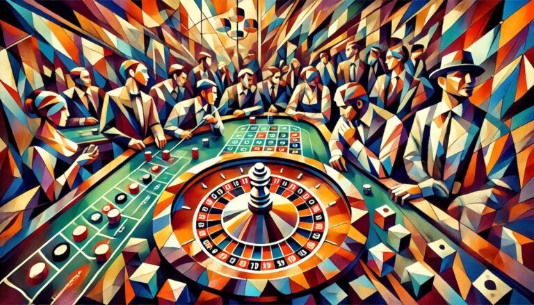 Players crowded around the roulette table at a casino, depicted in Cubist style.