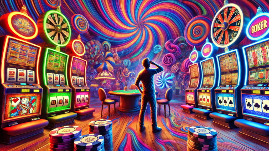 A beginner casino player scratches his head in confusion when trying to decide what games to play in a psychedelic casino.