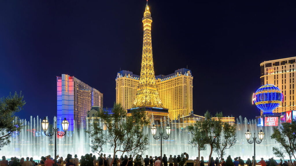 The Bellagio fountains and casinos in Las Vegas.