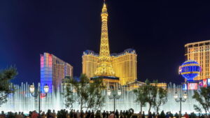 The Bellagio fountains and casinos in Las Vegas.