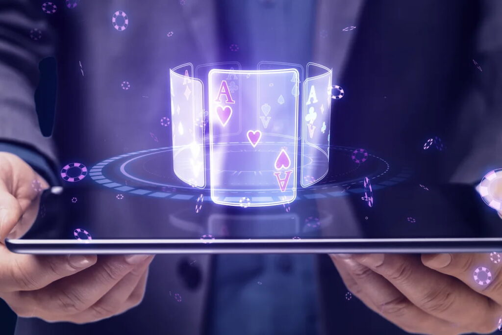 Hologram of playing cards on a tablet.