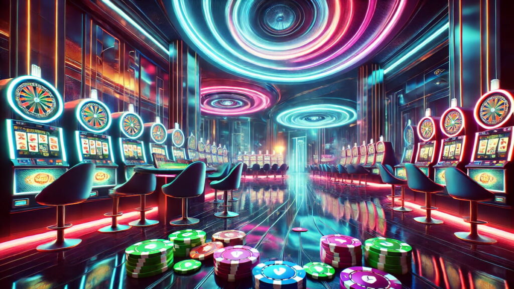 Neon casino floor with slot machines to illustrate online casino payouts.