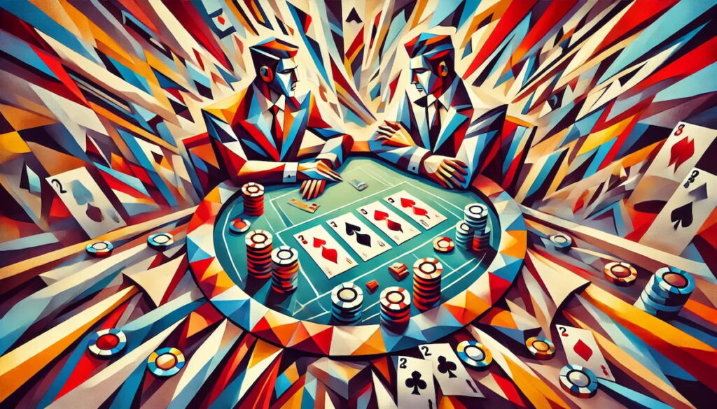 Player versus Dealer at Baccarat table depicted in cubist style.