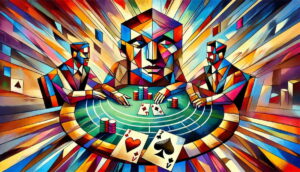 Players playing blackjack at a casino, rendered in Cubist style.