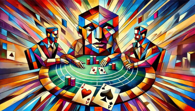 Players playing blackjack at a casino, rendered in Cubist style.