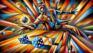 Cubist style image of player throwing Craps dice.