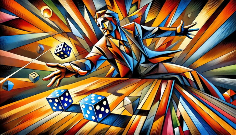 Cubist style image of player throwing Craps dice.