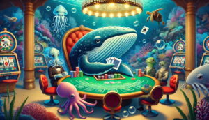 Whale seated at a casino gaming table underwater.