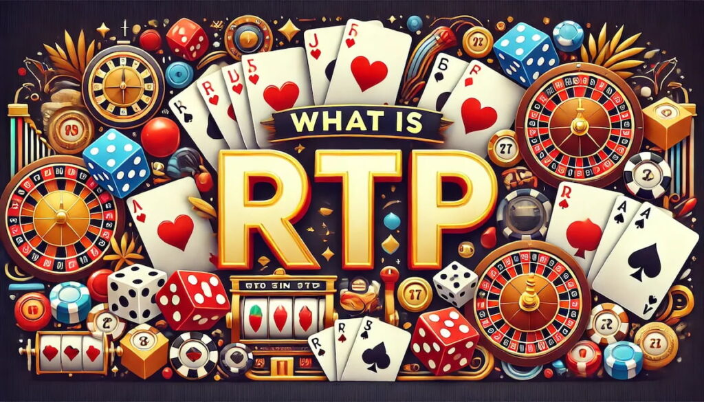 Words 'What is RTP' in front of various casino related imagery.