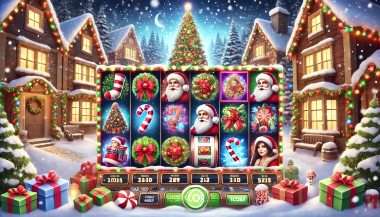 Christmas online slot game with a snowy background with decorated trees and houses.