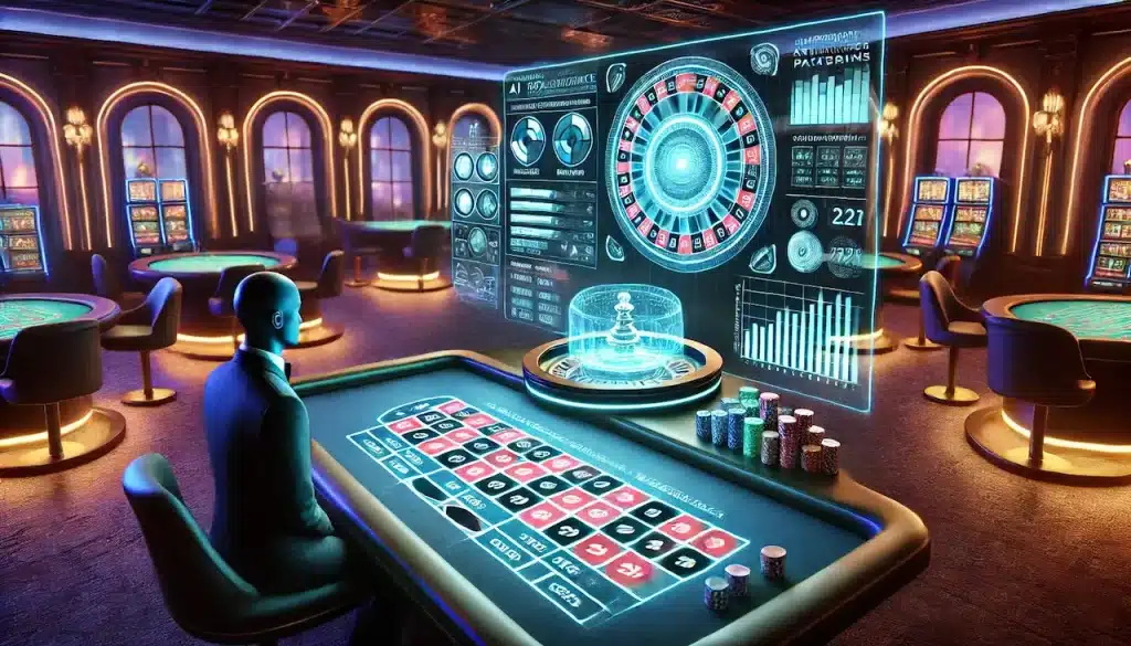 A futuristic casino featuring AI analyzing roulette strategies.