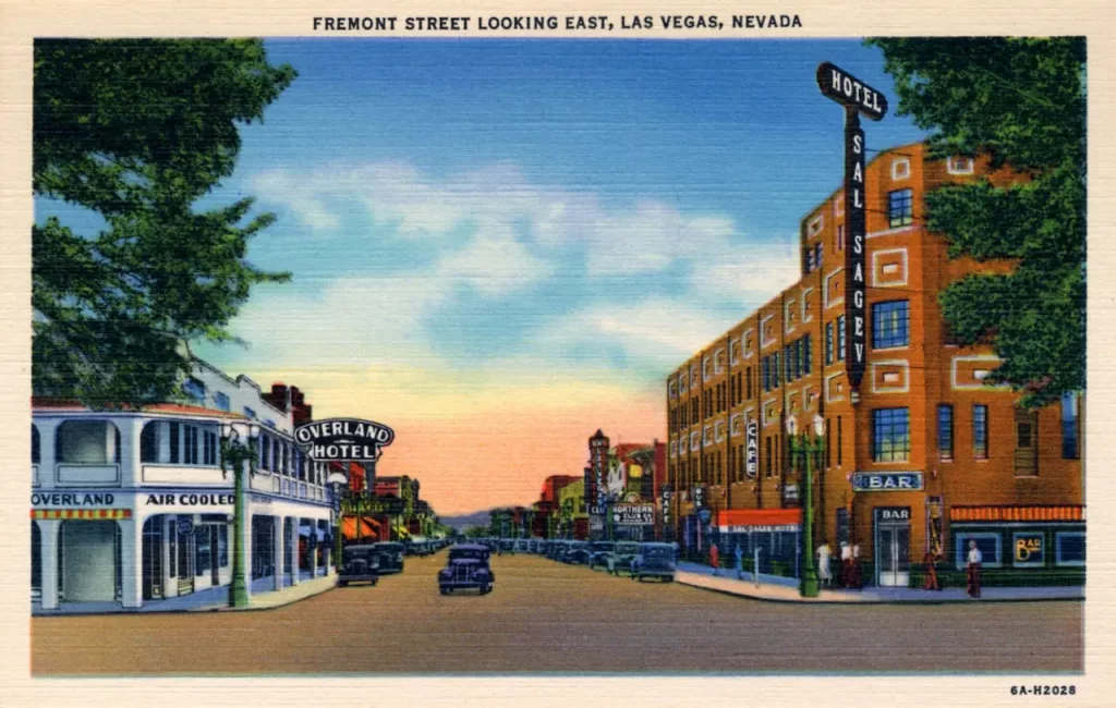 Postcard of Fremont Street, Nevada from 1936 showing the Hotel Sal Sagev.